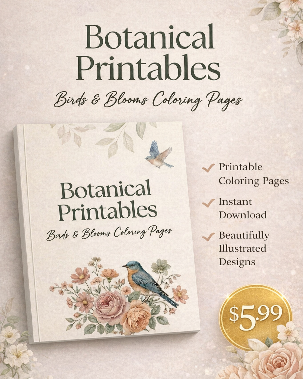 Botanical Printables: Birds & Blooms Coloring Pages RLE Chi-Town Books, LLC